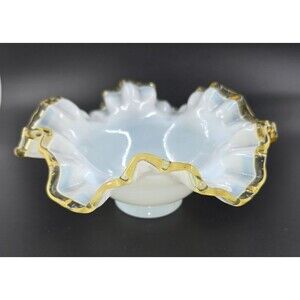 Vintage 40's Fenton Gold Amber Crest Milk Glass Double Crimped Ruffled Bowl